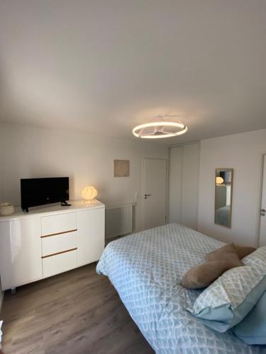 une chambre avec un lit et une télévision à écran plat dans l'établissement Charmant appartement neuf et confortable classé 4 étoiles, à Biscarrosse