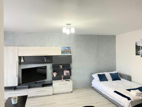 a bedroom with a bed and a flat screen tv at Apartament BriFla Comfort Mureș in Târgu-Mureş