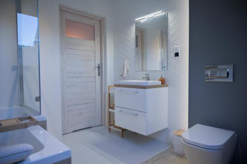 a white bathroom with a toilet and a sink at Apartament u Sikorki in Ustrzyki Dolne