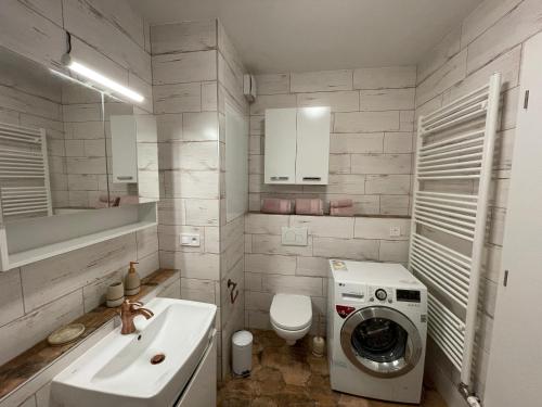 La salle de bains est pourvue d'un lave-linge et d'un lavabo. dans l'établissement Modern and quiet apartment with air conditioning and free parking, à Košice