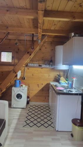 a kitchen with a staircase in a wooden house at Vikendica Mimiena in Račić