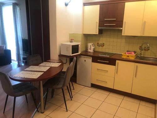 a kitchen with a table with chairs and a microwave at Apartament studio in Zakopane