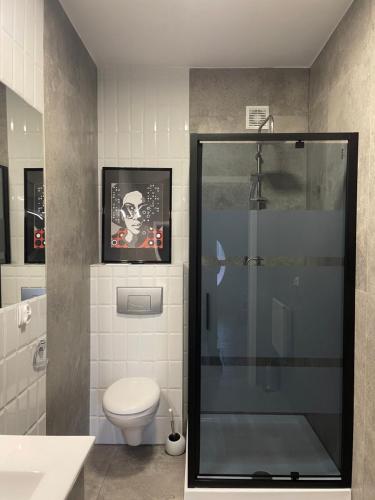 a bathroom with a toilet and a glass shower at Apartament Arte Povera in Słubice