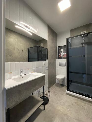 a bathroom with a sink and a shower and a toilet at Apartament Arte Povera in Słubice