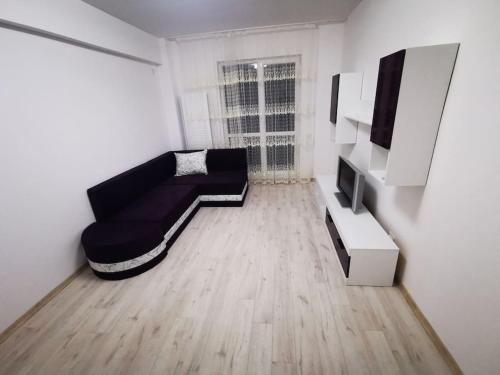 een woonkamer met een zwarte bank en een tv bij Two Bedroom Apartment in Roşu