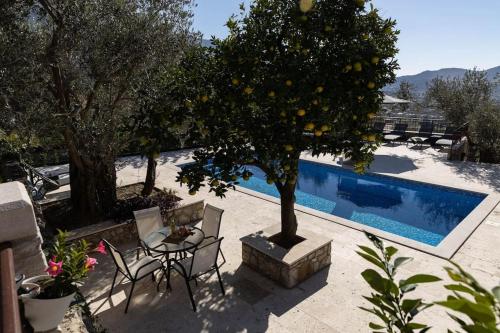 a table and chairs and a lemon tree next to a pool at Villa Ella in Stari Bar
