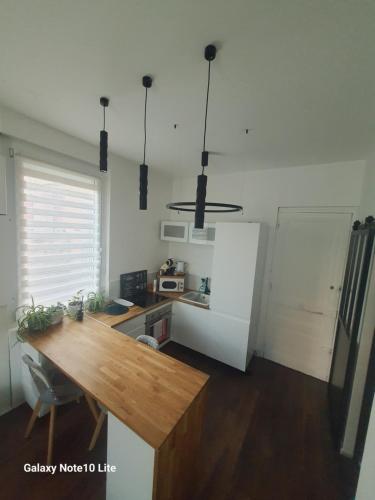 Il comprend une cuisine équipée d'un comptoir en bois et d'un réfrigérateur. dans l'établissement Hôte Stéphanois Studio & parking, à Saint-Étienne