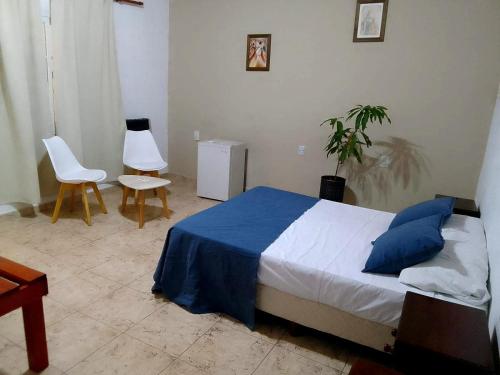 1 dormitorio con 1 cama, 2 sillas y una planta en Hotel Arenas Blancas en Federación
