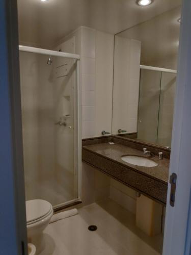 La salle de bains est pourvue d'un lavabo, d'une douche et de toilettes. dans l'établissement Aconchegante Maravilhoso Flat Congonhas 1416, à São Paulo