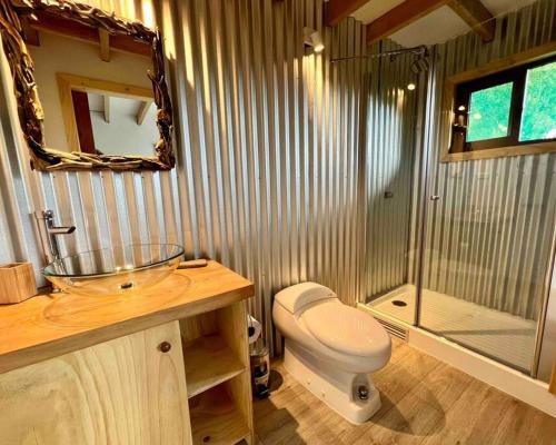 uma casa de banho com um WC, um lavatório e um chuveiro em Refugio Huerta Los Maquis em Puerto Guadal