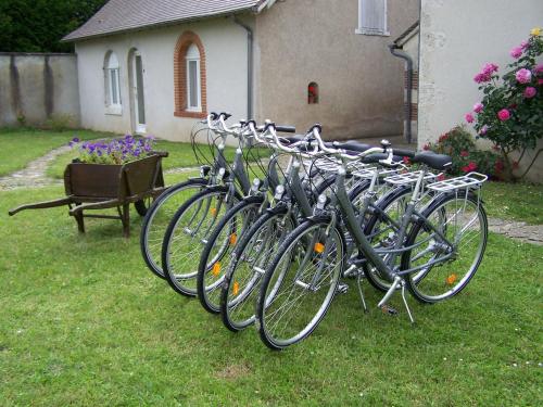 a row of bikes parked in a yard at Hôtel Le Verger in Saint Laurent Nouan