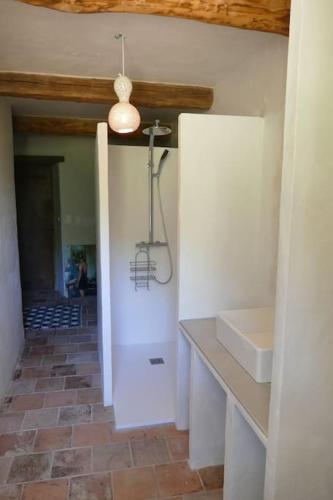 La salle de bains est pourvue d'un lavabo et d'un comptoir. dans l'établissement Mas cévenol en pleine nature, à Colognac