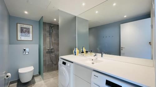 uma casa de banho com um lavatório, um WC e um chuveiro em ApartmentInCopenhagen Apartment 1525 em Copenhague
