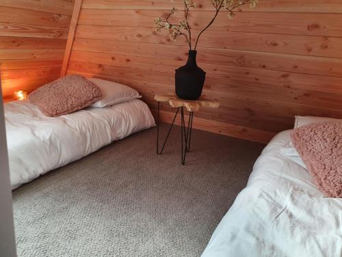 una habitación con 2 camas y un jarrón sobre una mesa en Cozy holiday home in Overijssel in a wonderful environment en De Meele