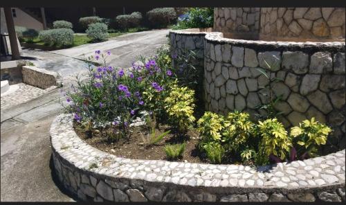 a garden with flowers in a stone wall at Boutique B&B at Stone Village in Bluefields