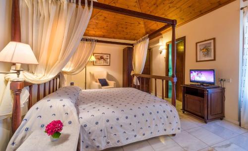 a bedroom with a canopy bed and a television at Spilia Village Hotel & Villas in Spiliá
