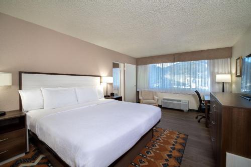 a hotel room with a large bed and a large window at Holiday Inn Estes Park by IHG in Estes Park