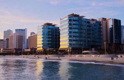 uma praia em frente a uma cidade com edifícios altos em Pale De Cz Condo em Busan