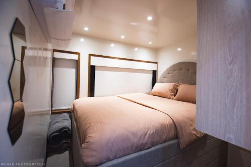 1 dormitorio con 1 cama y 2 espejos en See villa, en Abu Dabi