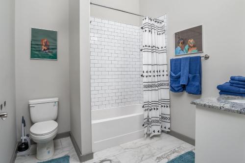 a bathroom with a toilet and a shower curtain at The Davis Lofts at Main Street - Unit 3D in Rocky Mount