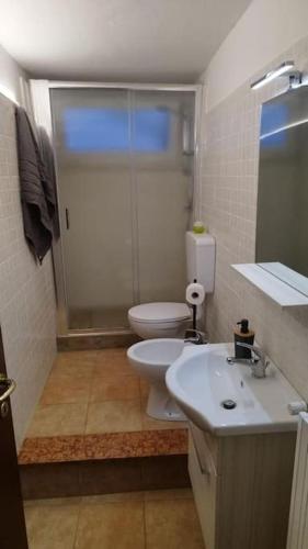 a bathroom with a toilet and a sink and a shower at Casa San Pietro centro storico in Castagnole Lanze