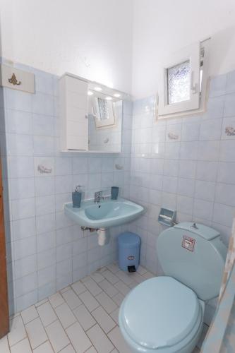 a white bathroom with a toilet and a sink at vickys family house in Stavros