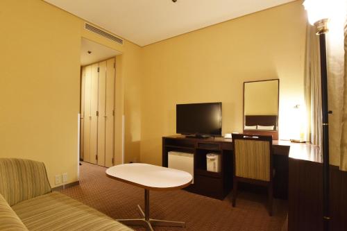 a hotel room with a bed and a desk with a television at Hotel Nikko Tsukuba in Tsukuba