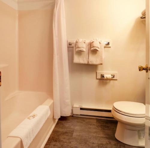 uma casa de banho com um WC, uma banheira e um lavatório. em Carriage House Motel Cottages & Suites em Wells