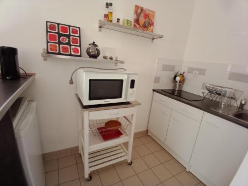eine Küche mit einer Mikrowelle auf einem kleinen Tisch in der Unterkunft Studio entre Aix et Marseille in Bouc-Bel-Air