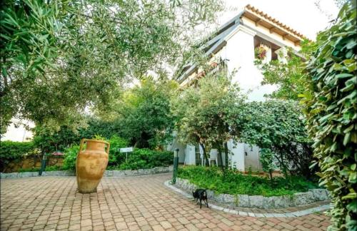 a large vase sitting on a brick walkway next to a dog at residence lu soli budoni affitti in Budoni