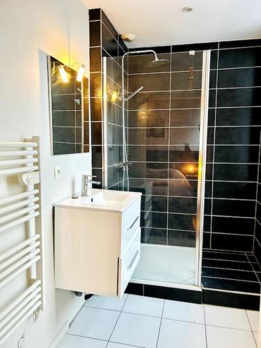 une salle de bain avec une douche et un lavabo et une douche dans l'établissement Vieux-Lille - Superbe appartement fonctionnel, à Lille
