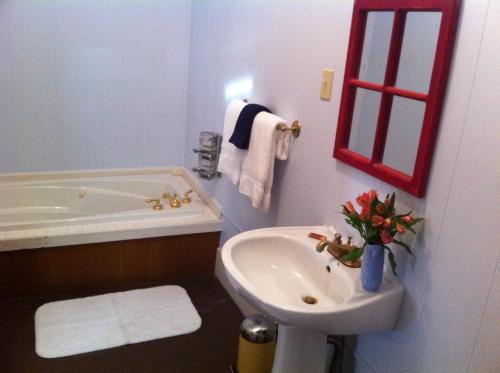 a bathroom with a tub and a sink and a toilet at Brooks House Suites in Mineola
