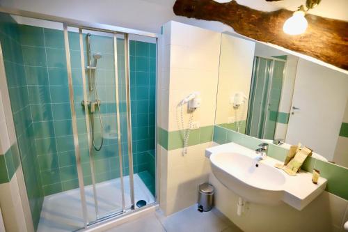a bathroom with a sink and a shower at La Villa del Lago in Ghirla
