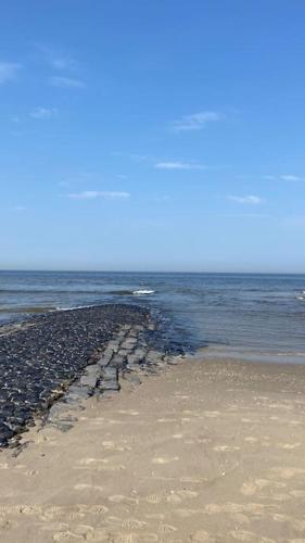 a beach with a line of rocks on the water at Anna, strandhuisje dichtbij zee & strand! in Callantsoog