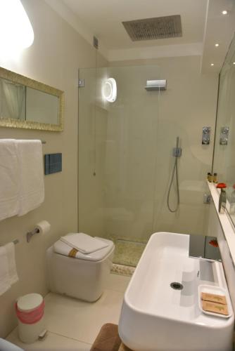 a bathroom with a shower and a toilet and a sink at Conte Max Rooms in Termoli