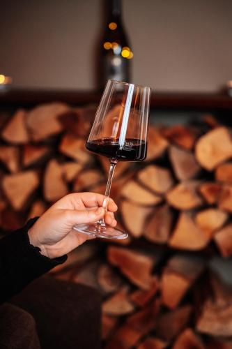 a person holding a glass of red wine at Hubertus Boutiquehotel Filzmoos in Filzmoos