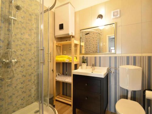 uma casa de banho com um chuveiro, um lavatório e um WC. em Apartmani Cmiljina em Sveti Juraj