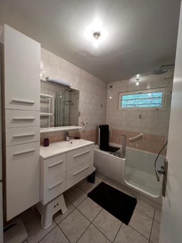 une salle de bain avec un lavabo, une douche et une baignoire dans l'établissement maison plain pied Charleval, à Charleval