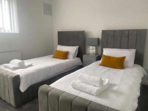 two beds sitting next to each other in a room at The Hoot Luxury home close to town and beaches in Pembrokeshire