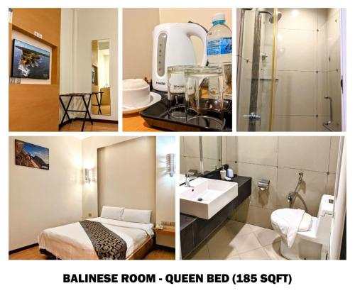 uma colagem de fotografias de uma casa de banho com uma cama e um lavatório em Courtyard Hotel 1Borneo em Kota Kinabalu