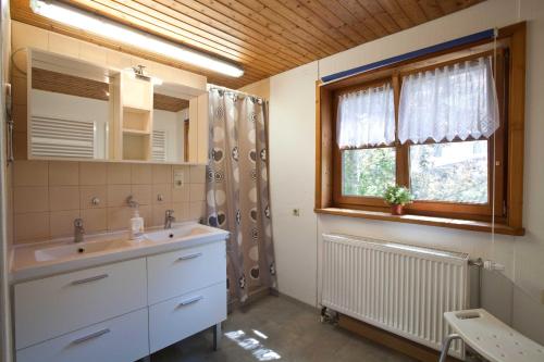 a bathroom with a sink and a mirror and a window at Ferienhaus Weiler im Allgäu in Weiler in Allgau
