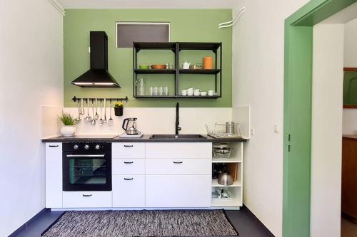een keuken met witte kasten en groene muren bij Cosy Family Apartment in Reichenau
