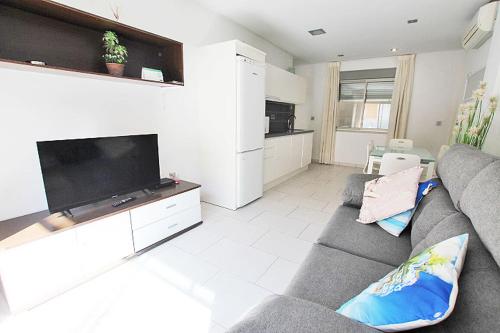 a living room with a couch and a flat screen tv at Apartamento 10 Marjal Playa Centro de Guardamar in Guardamar del Segura