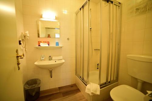 a bathroom with a shower and a sink and a toilet at Hotel Zrenner in Waldsassen