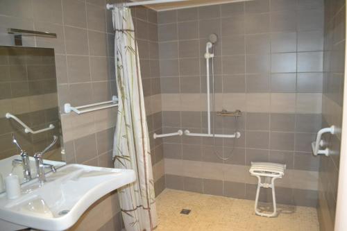a bathroom with a sink and a shower at Maison 3 chambres, 3 SdB, terrasse, piscine, spa in Meyrié