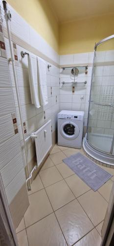 een badkamer met een douche, een toilet en een wasmachine bij Víztorony apartman in Komló