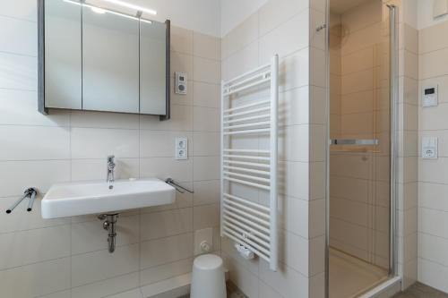 a bathroom with a sink and a shower at Ferienhaus Westwind Einzelhaus Westwind in Brösum