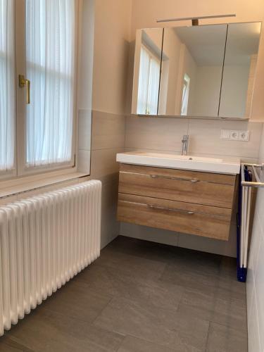 a bathroom with a sink and a mirror at Apartment Brigitte Schöndorfer in Strobl