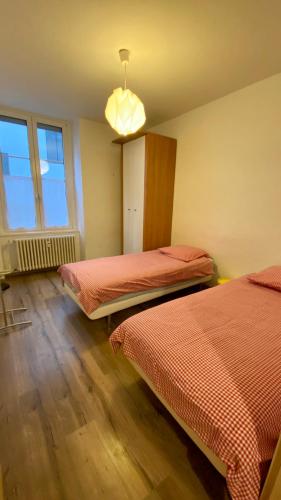 une chambre avec deux lits et un lustre dans l'établissement DANIELE, à Strasbourg
