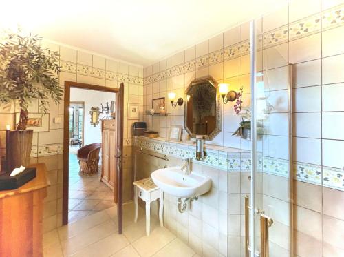 y baño con lavabo y ducha. en Kölliger Hirtenhaus, 